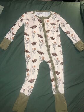 Little Moon Babe Co Bamboo One-Piece Footie with Olive Trim and Butterfly Print